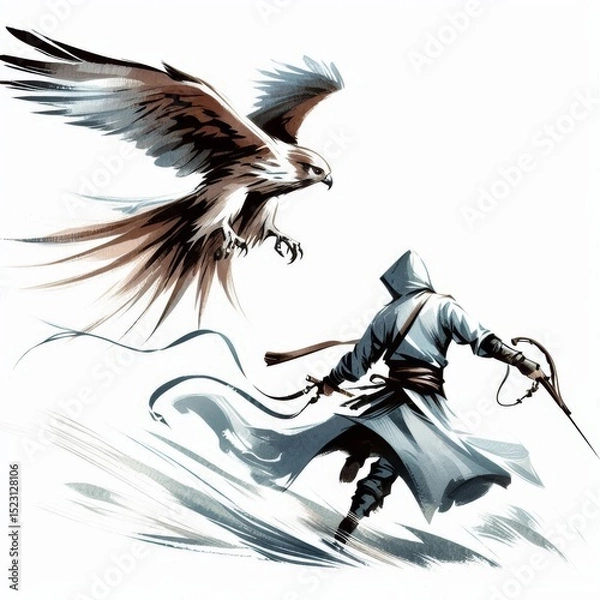 Fototapeta The Assassin's Strike, A Hunter and His Bird of Prey Unite in Action