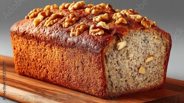 Fototapeta   A loaf sits atop a cutting board alongside a nutty slice of bread