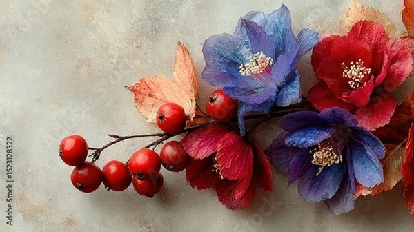 Fototapeta   A close-up photo of several flowers and berries on a table, showcasing both red and blue blossoms