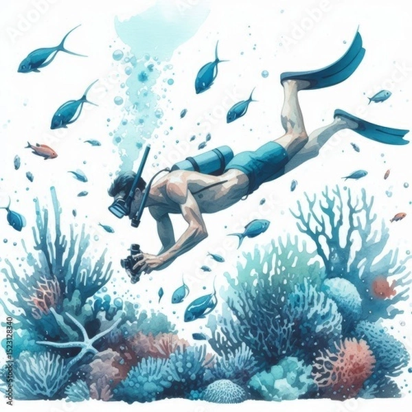 Fototapeta Underwater adventure, A freediver exploring a vibrant coral reef in minimalist watercolor style, capturing marine life and serene beauty
