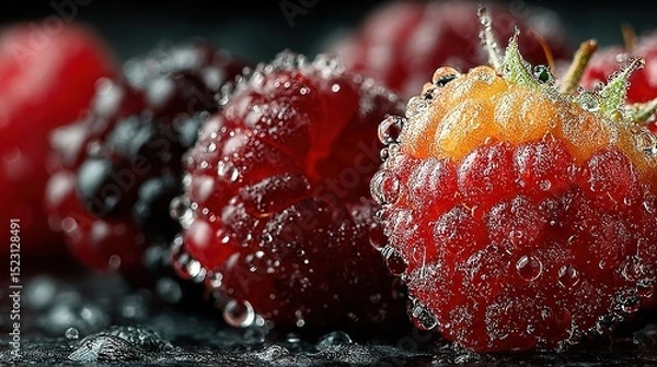 Fototapeta   A close-up of various fruits with droplets of water on them, positioned to show their texture from both sides