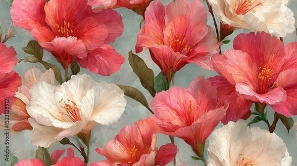 Fototapeta  Pink and white flowers on a gray background with a green stem in the center