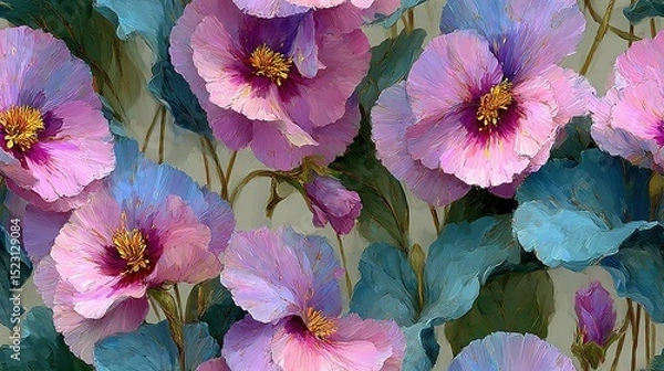 Fototapeta   A painting featuring pink and blue blooms on a beige canvas with green foliage and matching hues in the background