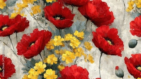 Fototapeta   A stunning painting of vibrant red, yellow and white flowers set against a pristine white and gray backdrop, featuring captivating red and yellow blooms