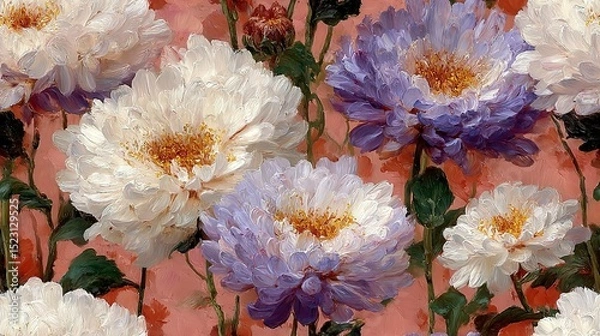 Fototapeta   A painting depicts purple and white flowers on a pink-orange canvas, framed by green foliage, and features a yellow center surrounded by smaller blooms of the same h