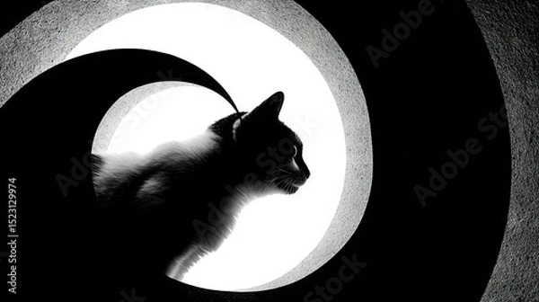 Fototapeta   Black-and-white image of a feline peering from a circular windowpane in a dimly lit chamber, illuminated by a ray of sunlight