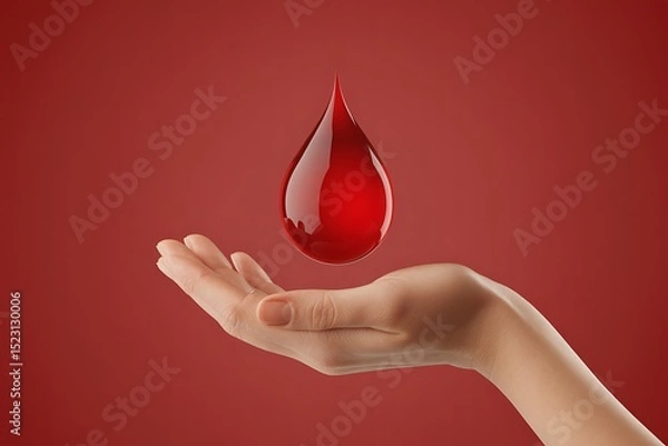 Obraz Red blood drop on open hand against red background