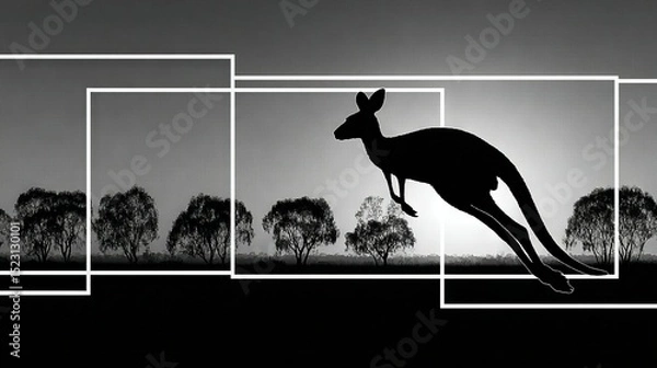 Fototapeta   Black and white image of a kangaroo mid-jump against tree-lined backdrop