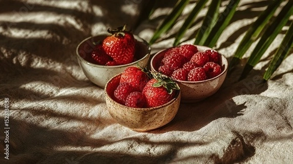 Fototapeta   Three raspberry-filled bowls on white cloth near palm tree stalk