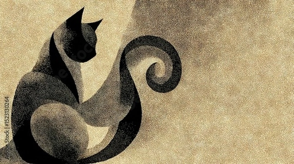Fototapeta   Black & White Cat on Beige Background - Shadow on Left Side