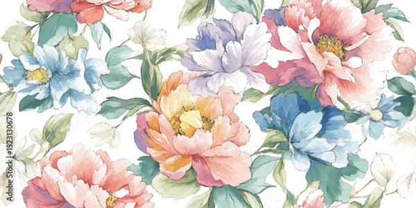 Obraz Elegant Watercolor Floral Seamless Pattern with Gold Accents. Luxurious Modern Botanical Repeat for design, textile, packaging, fabric, wallpaper, branding, stationery, wrapping paper interior decor