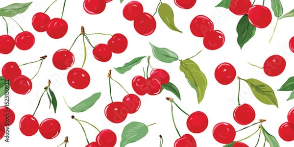 Obraz Fresh Red Cherries Botanical Watercolor Seamless Pattern. Sweet Summer Fruit Print for design, textile, packaging, fabric, wallpaper, branding, stationery, wrapping paper interior decor.