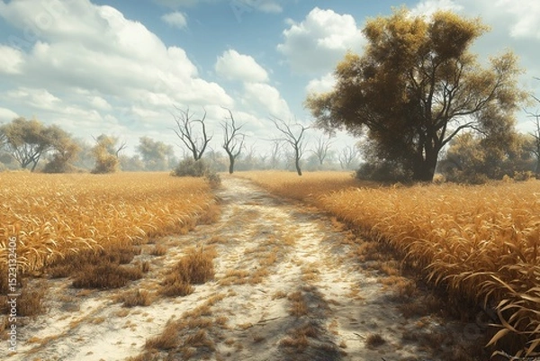 Fototapeta Scenic Autumn Roadway through Rustic Wheat Fields and Natural Beauty