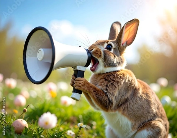Fototapeta Bunny with megaphone in field