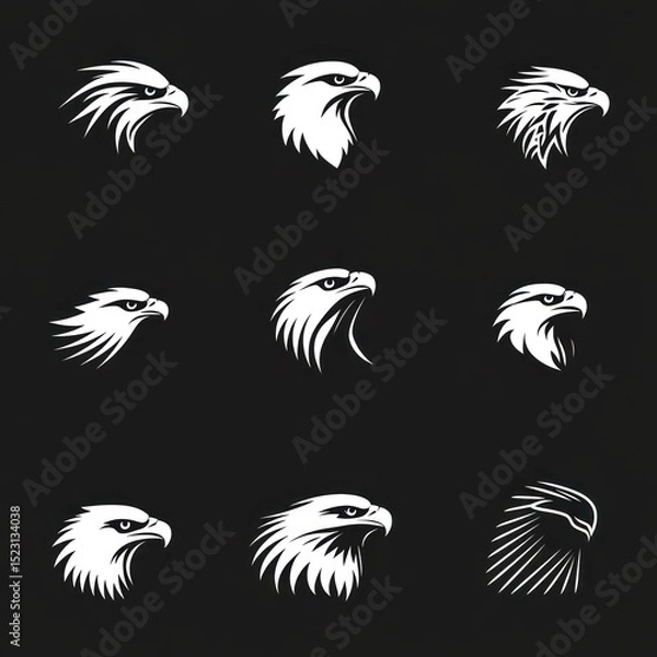 Fototapeta Nine stylized eagle head silhouettes, varying in profile and feather details, on a dark background