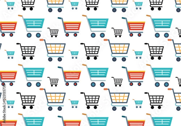 Fototapeta   Shopping  seamless pattern. Shopping cart and bag on white background. E-commerce, online shop background. Vector illustration.
