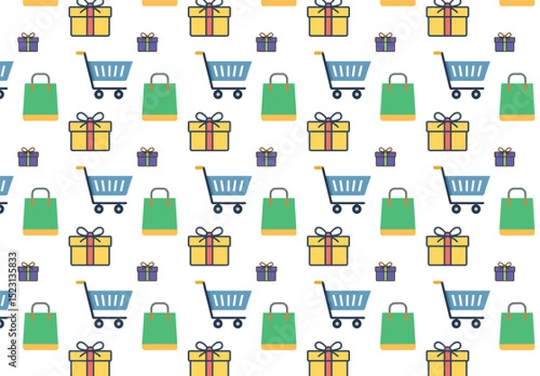 Fototapeta  Shopping  seamless pattern. Shopping cart and bag on white background. E-commerce, online shop background. Vector illustration.