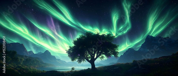 Fototapeta Aurora Borealis Illuminated Night Landscape With A Silhouette Tree