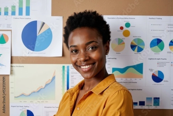 Obraz Innovative African American Accountant Utilizing Colorful Graphs in Modern Office Setting