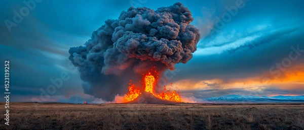 Fototapeta Massive Fiery Explosion In Open Field At Sunset