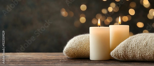 Fototapeta Two White Candles on Wooden Table with Knitted Throw