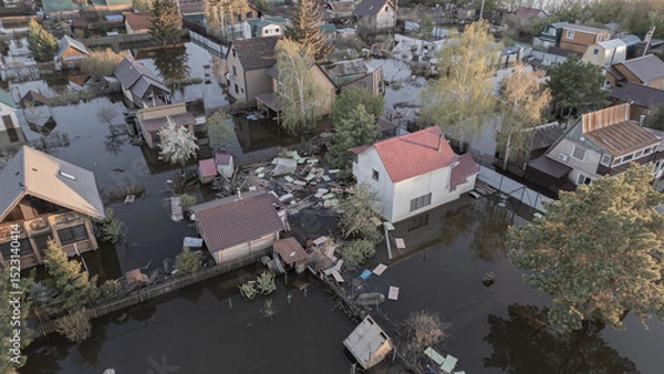 Fototapeta Floods and cyclone, global warming. Climate change,natural disasters the tsunami of nature.The apocalypse, catastrophes.Storms and destruction.The remnants of human life are floating in dirty water