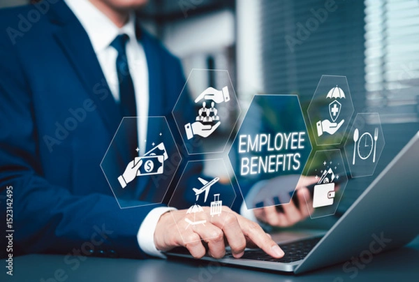 Obraz Employee Benefits and Compensation Strategy Concept. Icons representing employee benefits, including healthcare, insurance, vacation, financial perks, workplace incentives, and compensation strategy.