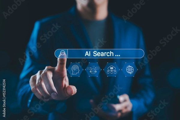 Obraz AI Search Engine Technology Concept. A person interacts with search bar AI Search, representing artificial intelligence, chatbot, data cloud, global connectivity, and future search engine innovation.