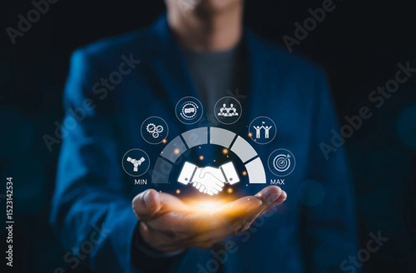 Obraz Business Collaboration and Performance Optimization Concept. Businessman presents handshake and teamwork icons, symbolizing collaboration, efficiency, and performance optimization. Trusted Partner,