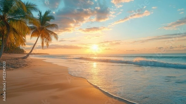 Fototapeta Máncora Beach : Sunset beach scene with palm trees and gentle ocean waves. AI-generated.