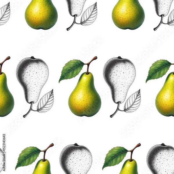 Fototapeta Seamless Pattern with Hand Drawn Pears, sketch and realistic style. 