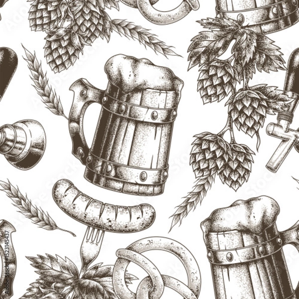 Obraz Beer mugs and food elements in a detailed pattern