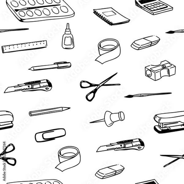 Fototapeta Stationery vector set of objects, office items, school supplies, seamless pattern, hand drawn sketch, monochrome illustration