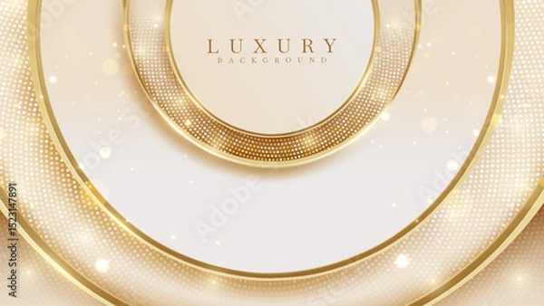 Fototapeta Cream luxury background with golden circle frame and halftone elements decorated with bokeh effect and glitter lights.