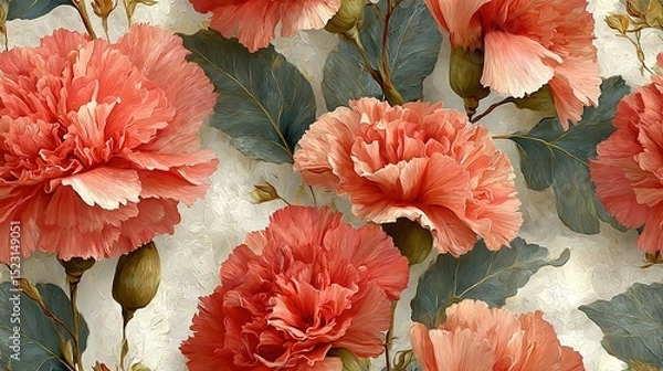 Fototapeta   A close-up of a bouquet of flowers against a pastel backdrop featuring floral wallpaper and scattered foliage