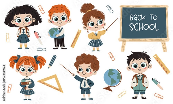 Obraz Set of flat vector illustrations on school theme in simple child style. Cute boys and girls in school uniform with books, backpack and globe. 