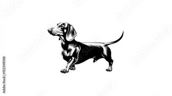 Fototapeta   A monochromatic illustration of a Dachshund dog on a white backdrop with a black silhouette