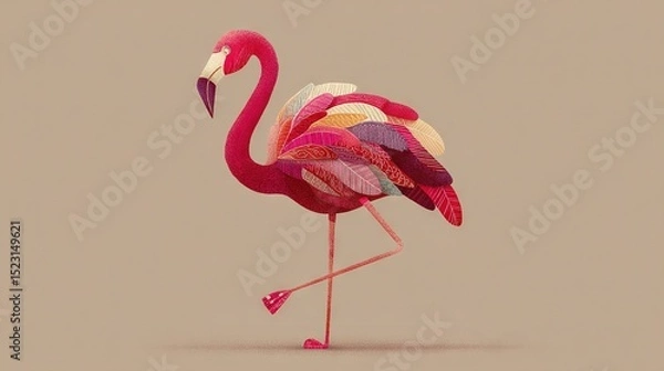 Fototapeta   Pink Flamingo on One Leg with Patterned Body & Long Feather Bill