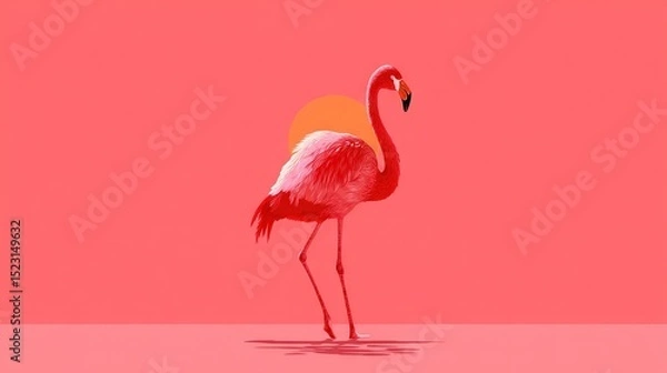 Fototapeta  Flamingo on hind legs against pink background with sun in the back