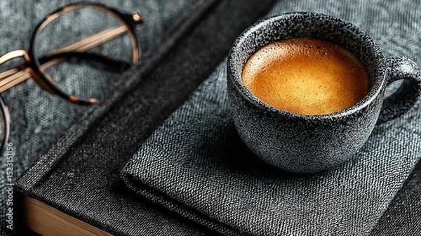 Fototapeta   A cup of coffee perched atop a book, nestled beside spectacles on a tabletop