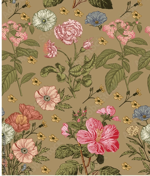 Obraz Seamless pattern. Beautiful pink blooming realistic isolated flowers. Vintage background. Set Chamomile Roses hibiscus mallow wildflowers. Wallpaper. Drawing engraving. Vector victorian Illustration