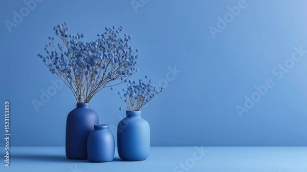 Fototapeta Three blue vases on a light blue background. the vases are arranged in a triangular formation, with the largest vase on the left, the middle vase in the center, and the smallest vase at the bottom.