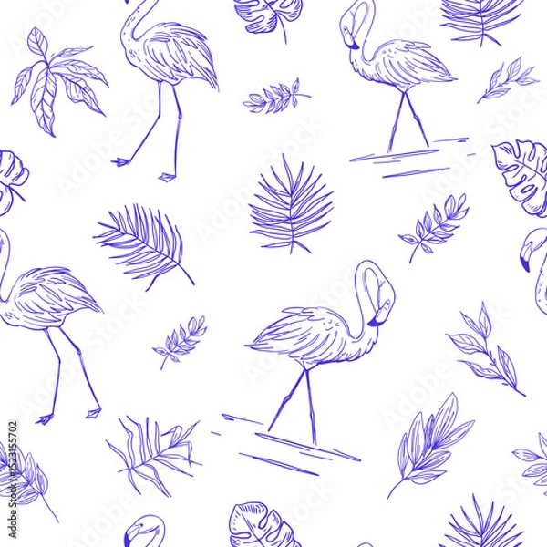 Fototapeta Palm leaves, tropical plants, seamless pattern, vector sketch, hand drawn, monochrome