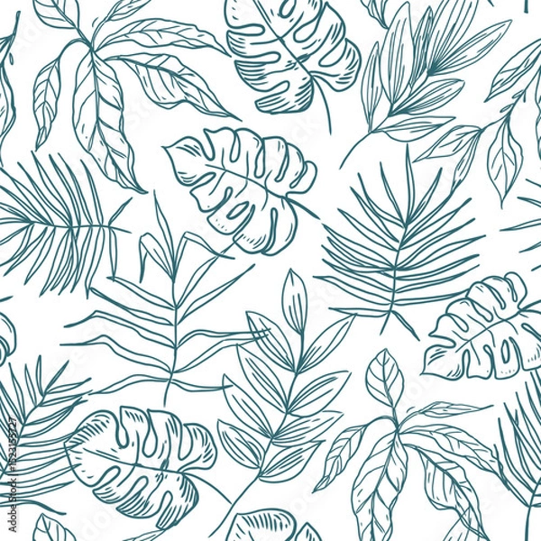 Fototapeta Palm leaves, tropical plants, seamless pattern, vector sketch, hand drawn, monochrome