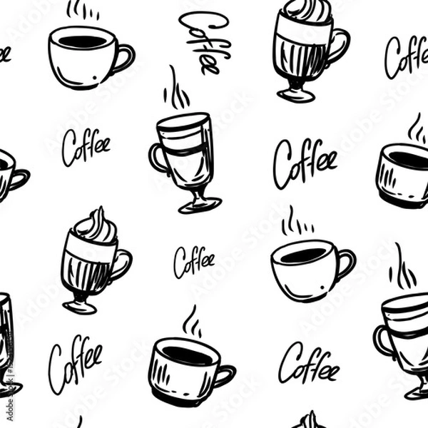 Fototapeta Coffee drinks, cappuccino, latte, seamless pattern, vector sketch hand drawn monochrome