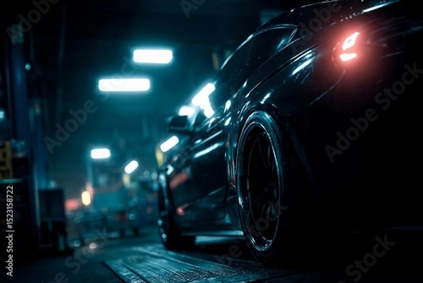 Fototapeta A glossy black car is parked inside a workshop, illuminated by overhead lights. The surroundings are dim, creating a moody atmosphere perfect for automotive work