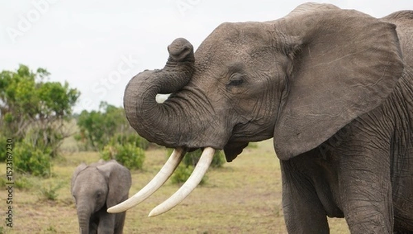 Fototapeta An elephant mother with her trunk up.