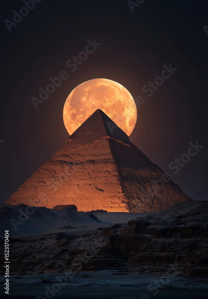 Fototapeta A glowing full moon dramatically rises directly behind an illuminated pyramid at night, casting surreal light on ancient ruins.