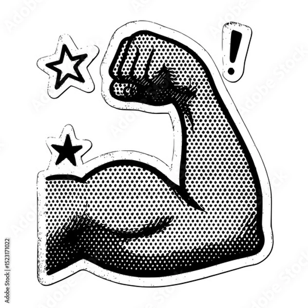 Obraz Grunge punk-style flexed biceps emoji hand in halftone black and white. Retro cut-out collage with doodles and dotted texture. Modern vector design.