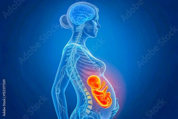 Fototapeta anatomy of the human body, 3D Medical Illustration of Pregnant Woman with Glowing Fetus in Womb
